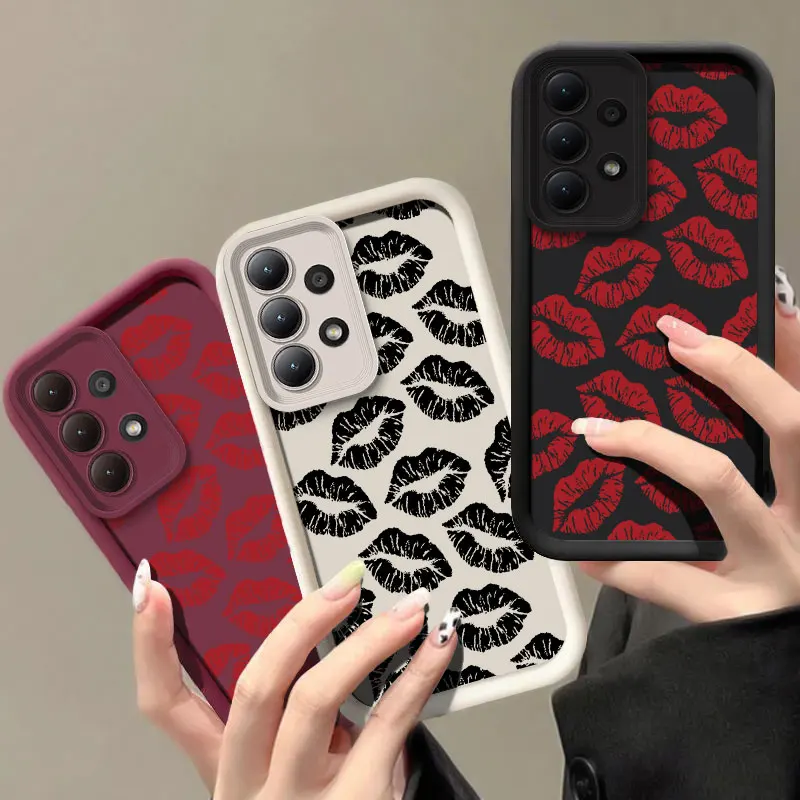 A55 Phone Case For Samsung Galaxy A55 A35 A34 A73 A53 A33 A52 A32 A71 A51 A31 A25 Black Red Lips Kiss Print Silicone Soft Cover