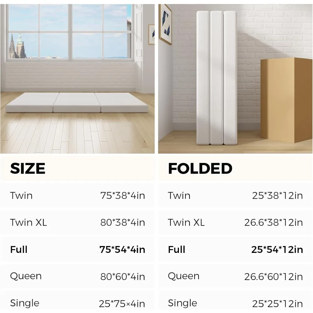 مرتبة إسفنجية الذاكرة ثلاثية الطي مقاس 4 بوصات، غطاء سرير محمول بحجم كوين مع غطاء قابل للتنفس وقابل للغسل، مثالية لغرفة الضيوف #6