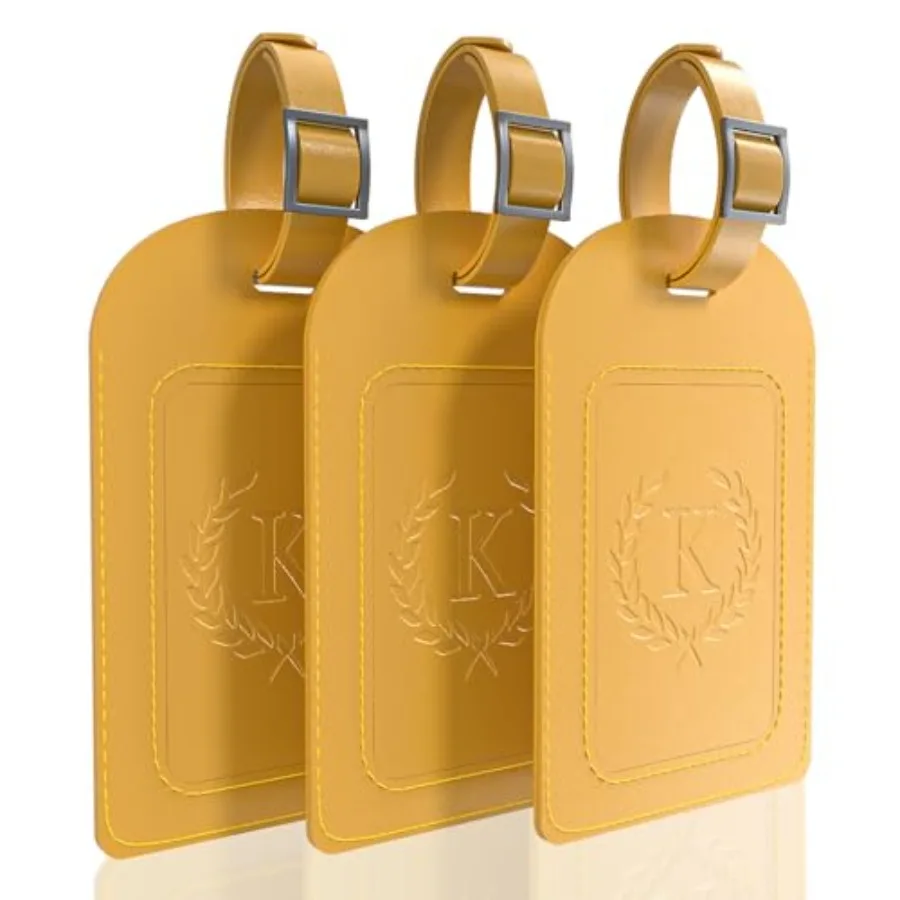 Alphabet Luggage Tags, 3 Pack Yellow Initial Bag Tags with Privacy Cover and Replaceable ID Card, Faux Leather Suitcase Tags fo