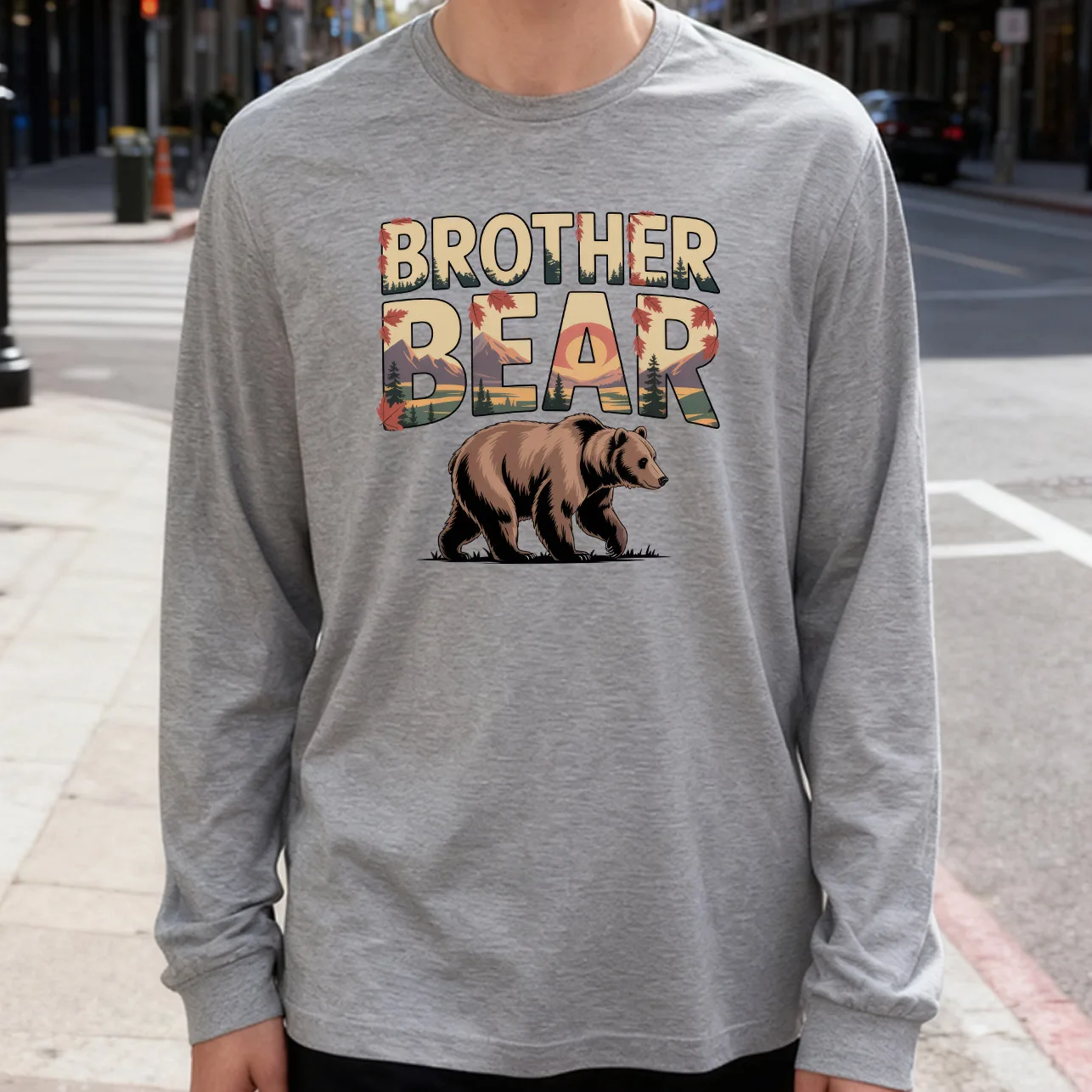 Brother Bear Men's Long Sleeve Tee 100% Cotton 180g Crew Neck Casual Daily Style Soft and Breathable