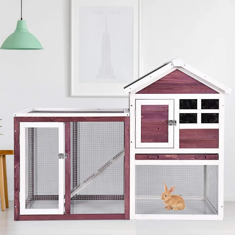 

Rabbit Hutch Indoor Outdoor Bunny Cage with Run Wooden Rabbit Cage with Waterproof Roof & Pull Out Tray Chicken Coop Pet House