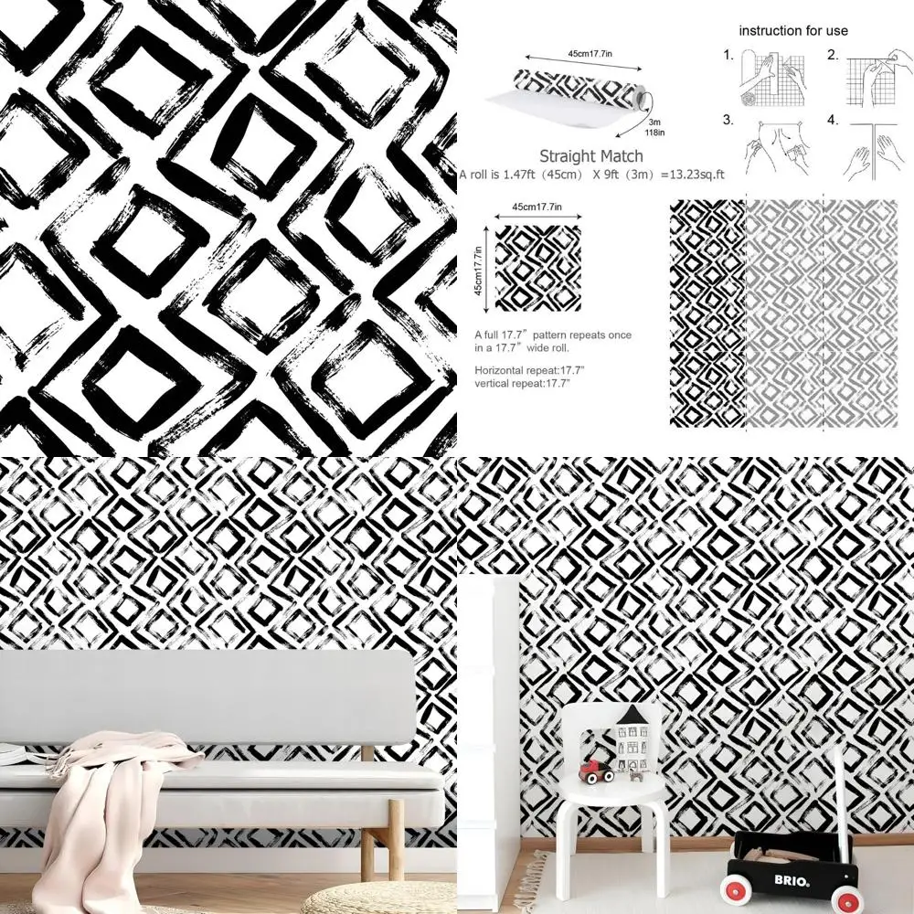 ورق جدران من الفينيل قابل للإزالة بنمط هندسي أبيض وأسود لديكور غرفة النوم وغرفة المعيشة
