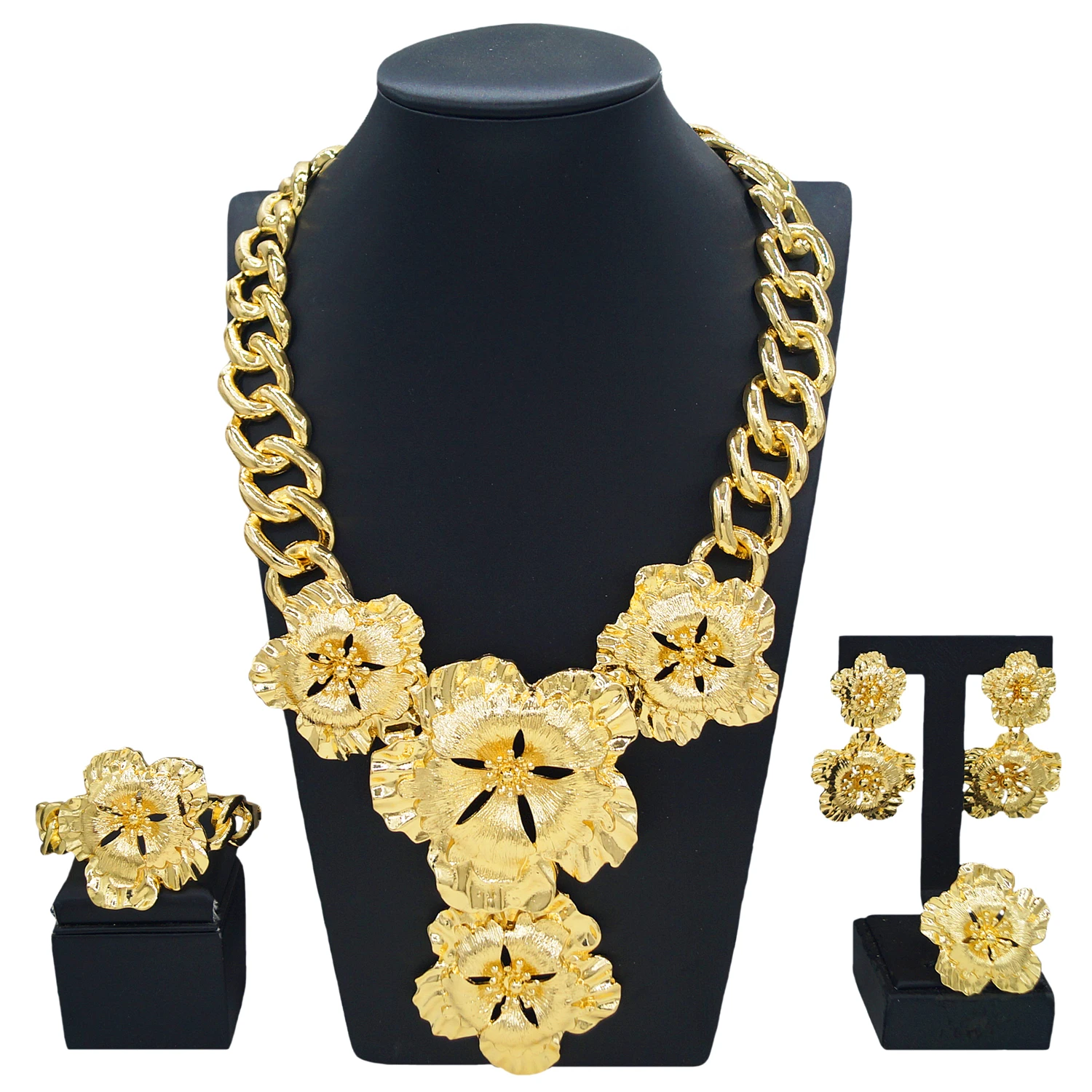 Necklace For Women Fashion New Cuban Chain Necklace Gold Flower Pendant Luxury Wedding Bijoux Gold Plated Earrings Ring SYHOL