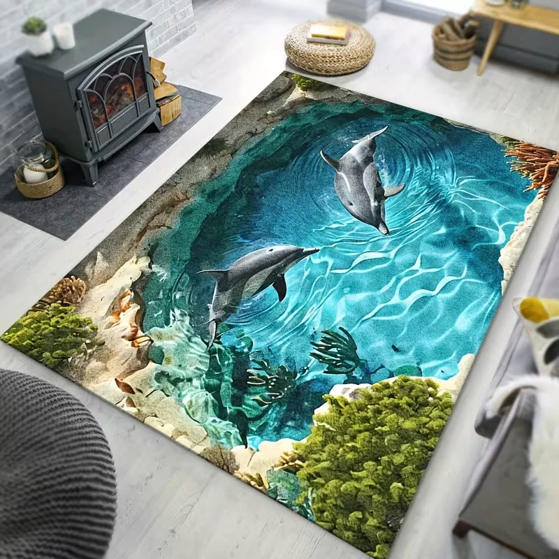 2D Dolphin Undersea Area Rug Ocean Water Coral Seabed Print Soft Floor Mat Sea Animal Carpet for Living Room Bedroom