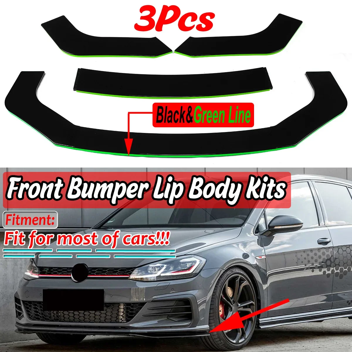 

New 3pcs Universal Car Front Bumper Splitter Lip Sopiler Diffuser For VW For Golf MK5 MK6 MK7 CC For Passat For Jetta For Polo