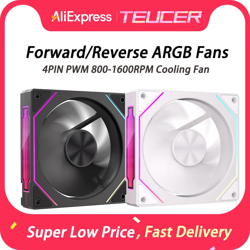 TEUCER Forward/Reverse ARGB Fans 4pin PWM 800-1600RPM Cooling Fan Silent Axial CD Pattern Design Suitable for computer players