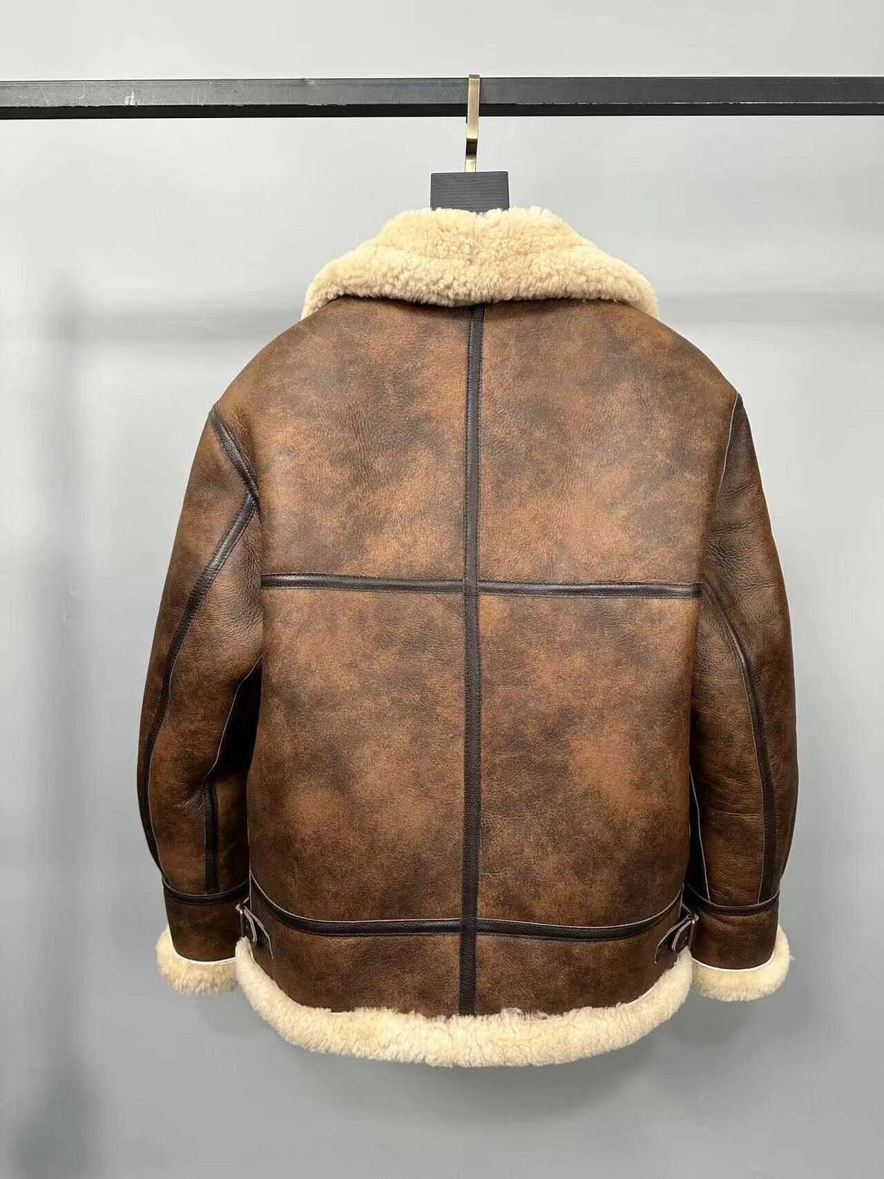 2024 Factory Winter New Fur One Leather Real Fur Men's Biker Jacket Man Brown Shearling  Thick Warm Fur Coats