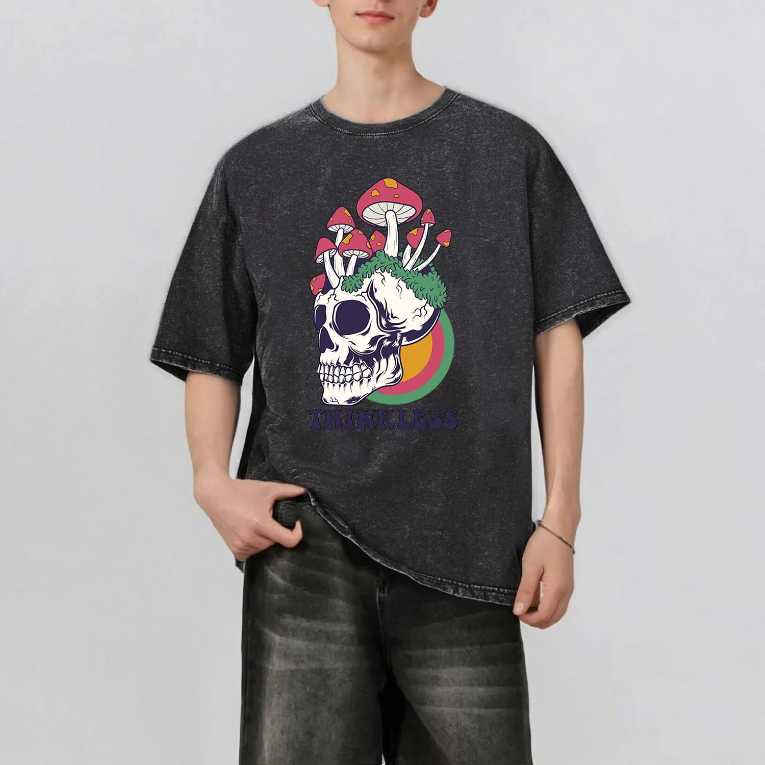Mushroom Skull Pattern Rint Men's Summer Retro Style Washed Water T-Shirt Casual Short Sleeved Basic Men's Top 230G