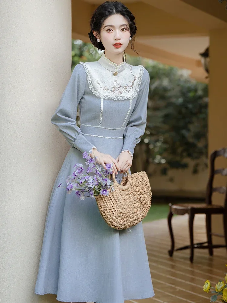 

Vintage Cottagecore Woman Dress Retro French Style Embroidery Floral Lantern Sleeve Elegant Lady Midi Dresses Vestido Festa