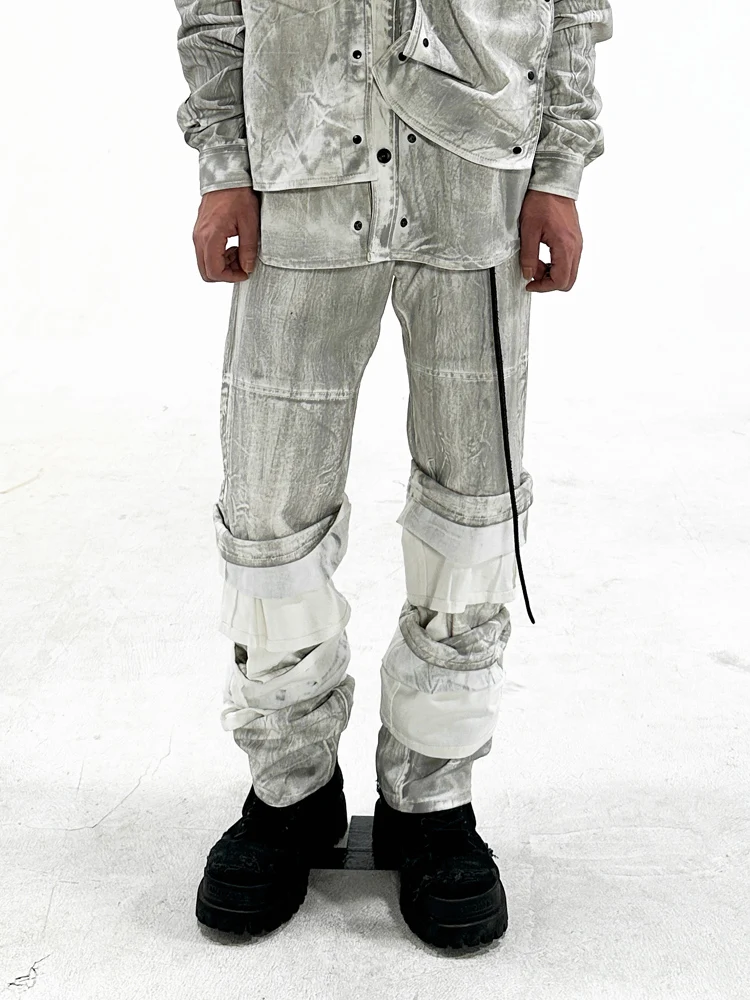 2023 Autumn New Wasteland Style Women Techwear Avant-Garde Distressed Layered Straight Overalls Men's Trousers Pants