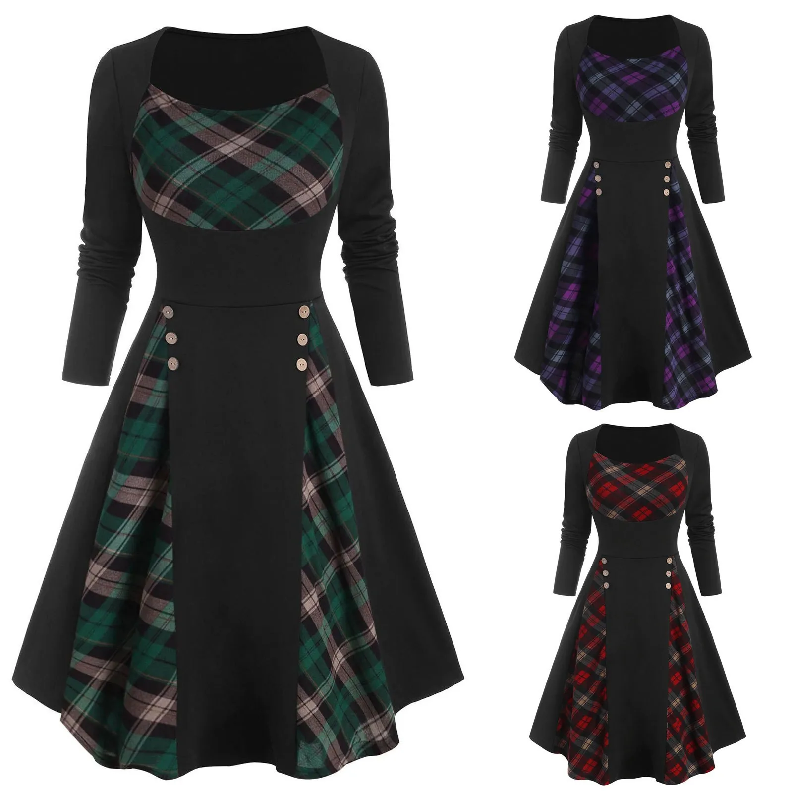 

Women's Plaid Dress Round Neck Plaid Patchwork Mock Button Long Sleeve Dress Vintage Rockabilly Autumn Dress Robe Femme