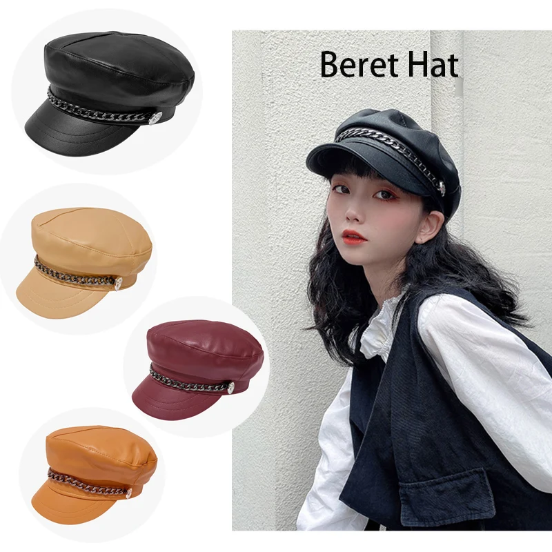 

Decorative Metal Chain Ins Fashion Octagonal Cap Cost-effective Pu Leather Women Beret Hat Harajuku Style All Match Visor Hat