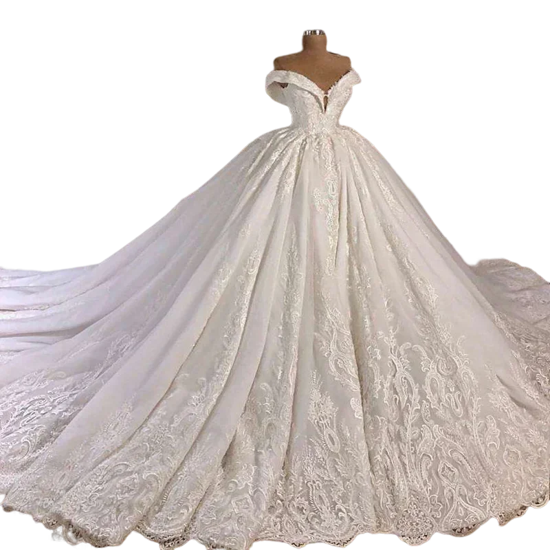 

Customized Off The Shoulder Appliqued Beaded Lace Bridal Dresses Real Photo Puffy African Ball Gown Plus Size Wedding Gowns