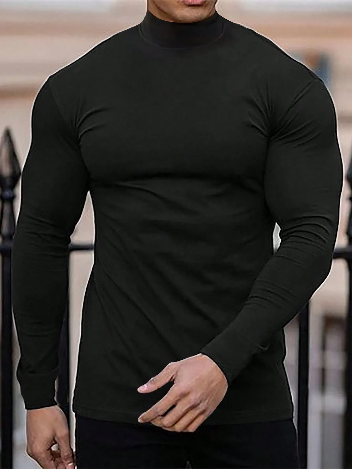 

Men's Solid High Neck Long Sleeve T-Shirt, Slim Fit, Black, Fall/Winter Casual Wear