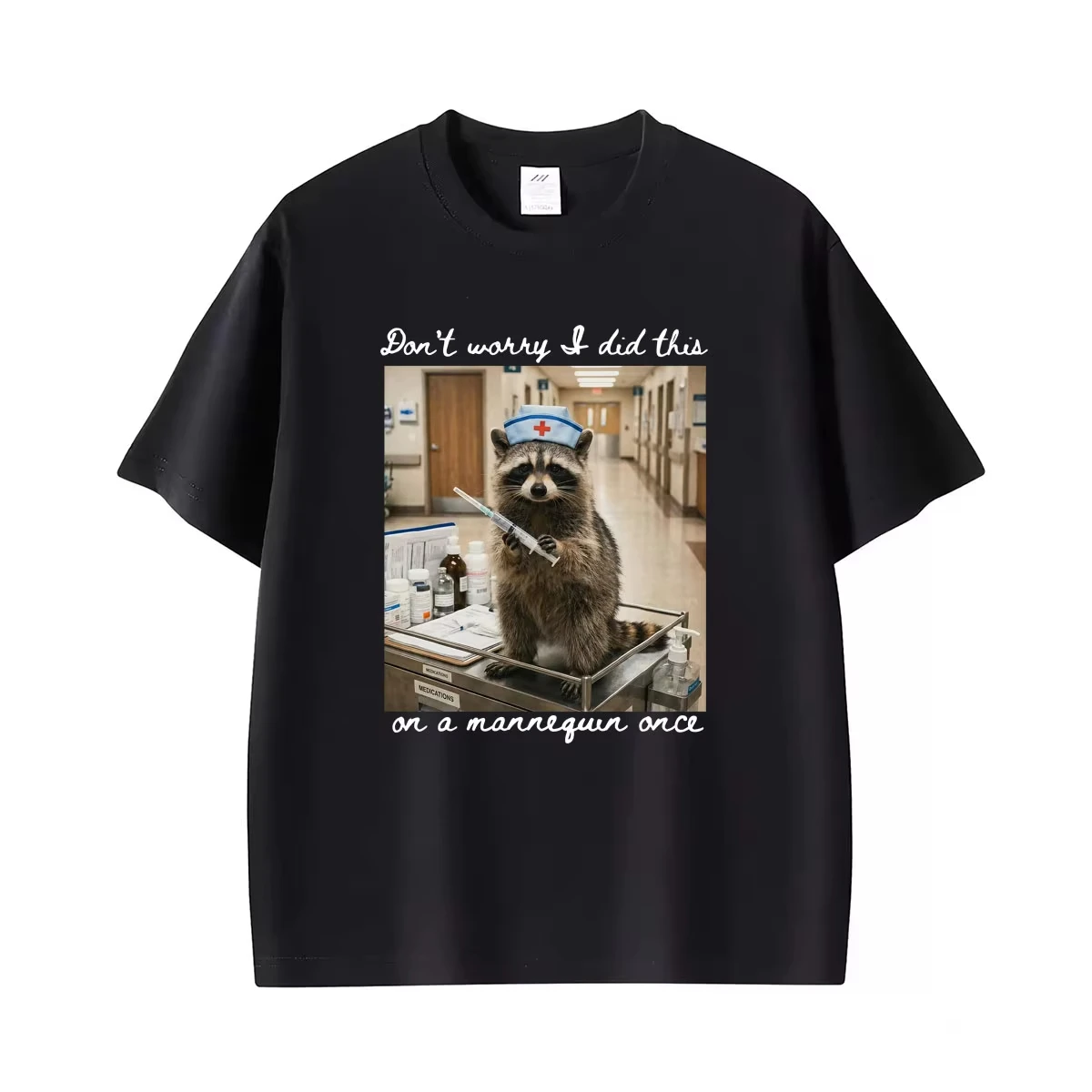 Syringe Holding Animal Funny Raccoon Nurse Meme T Shirt Unisex Fashion Cute Humor T Shirts Men Casual Cotton Short Sleeve Tshirt
