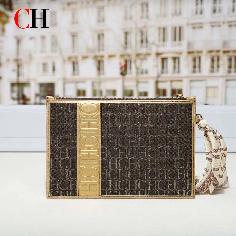 CH Women Vintage Clutch Bag With Silk Scarf Wristlet Large Capacity Zipper Handbag Luxury Designer Ladies Evening Purse