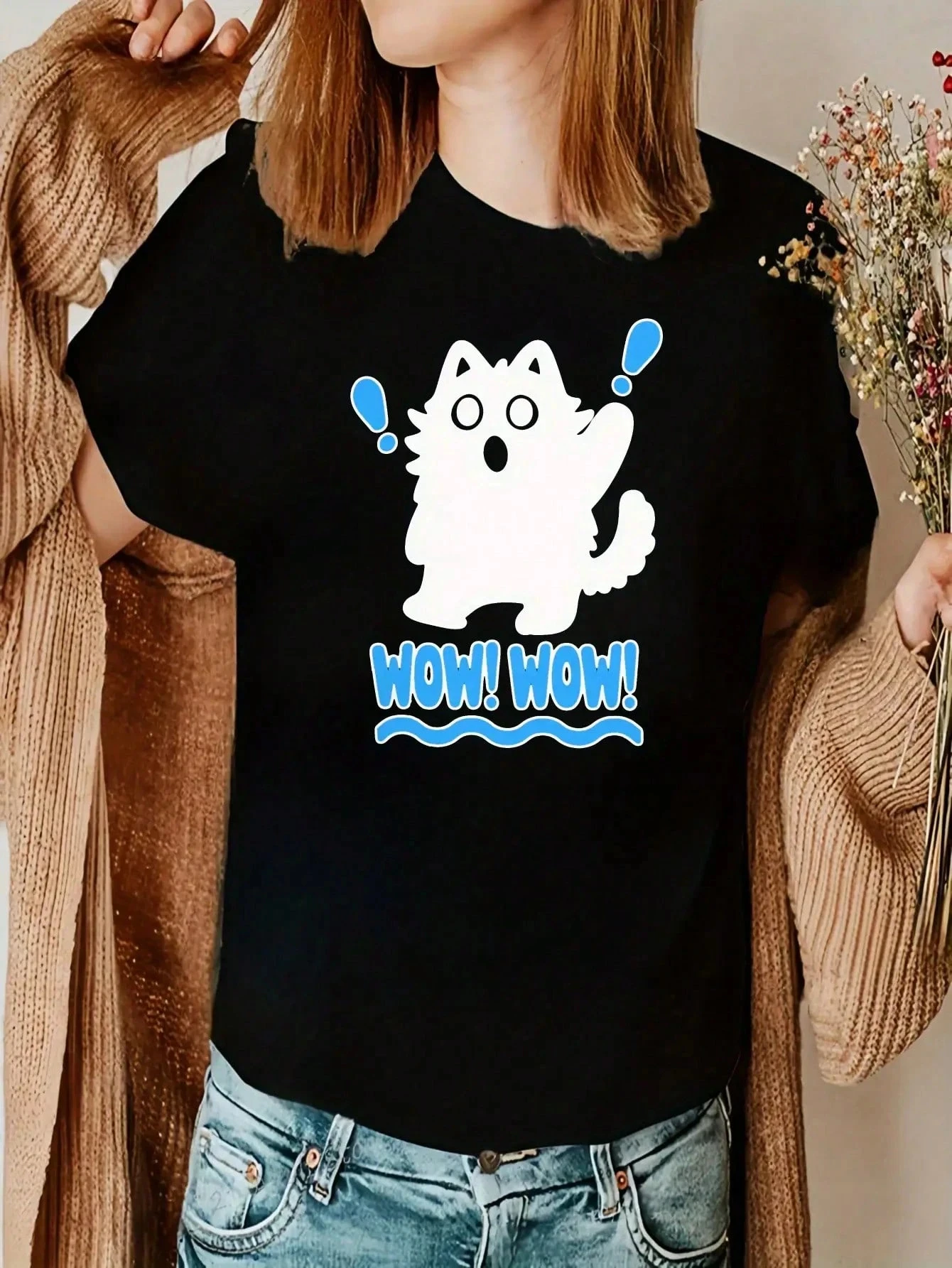 

Women's Wow Wow Cat Couple T-shirt 2026 Summer Casual Vacation Style Crew Neck Loose Version Versatile Y2k Harajuku Style