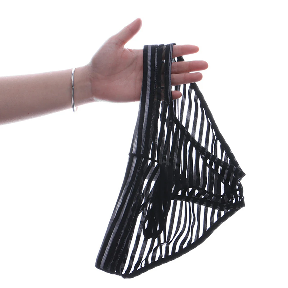 

Sexy Mens Bikini Briefs Striped Low-rise Breathable Panties Bulge Pouch Thongs See Through Underwear Elephant Nose Underpant A50