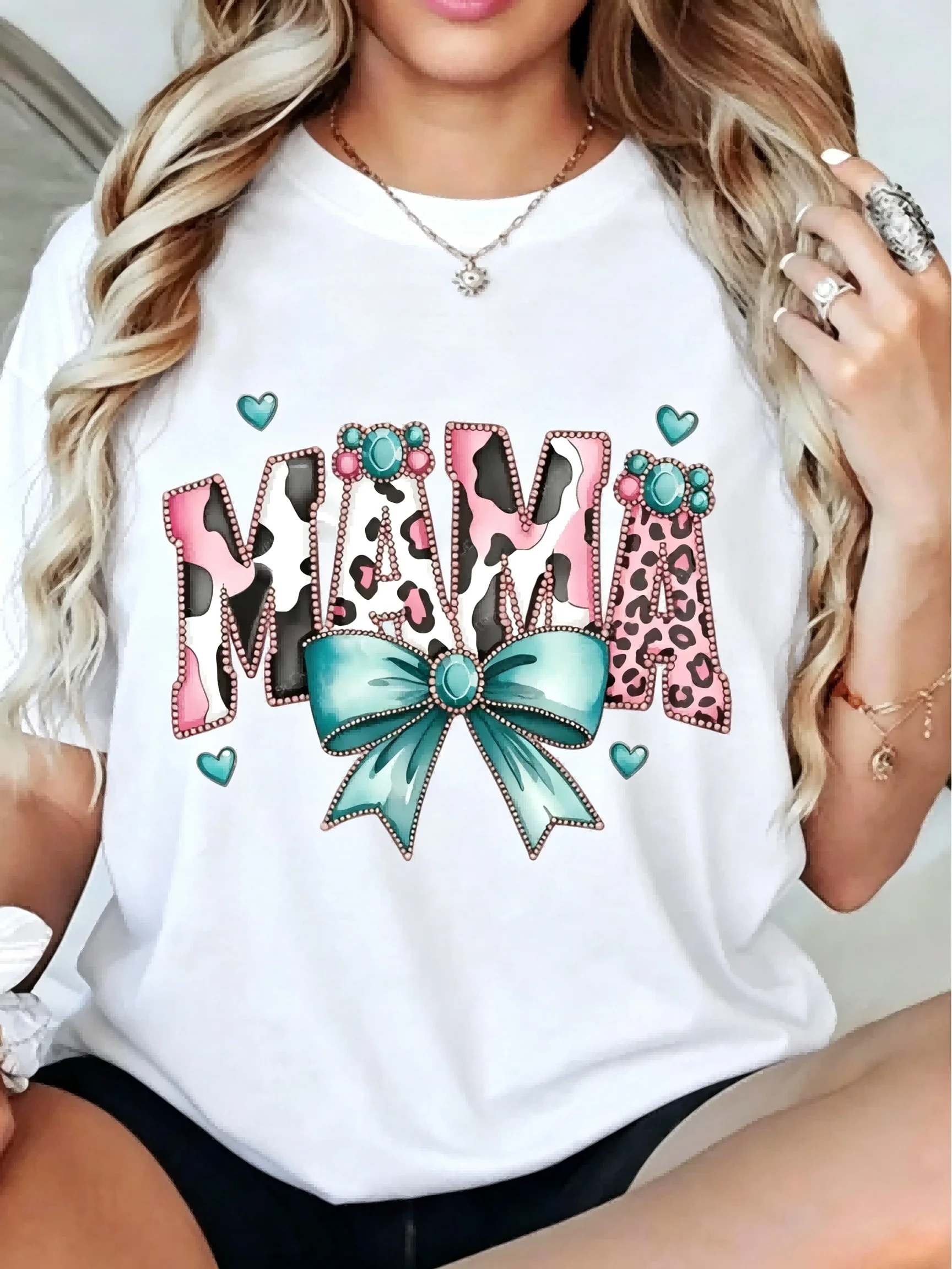 Plus Size Casual Round Neck Short Sleeve T-Shirt With Mama Graphic And Bow Print Durable Pure CottonFabric Tee