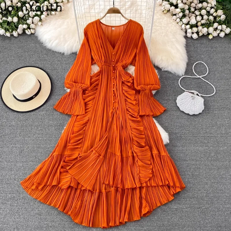 Maxi Pleated Dresses for Women Slim Waist Red Big Swing Robe Femme 2024 Vestidos De Mujer V-neck Ruffles Irregular Vintage Dress