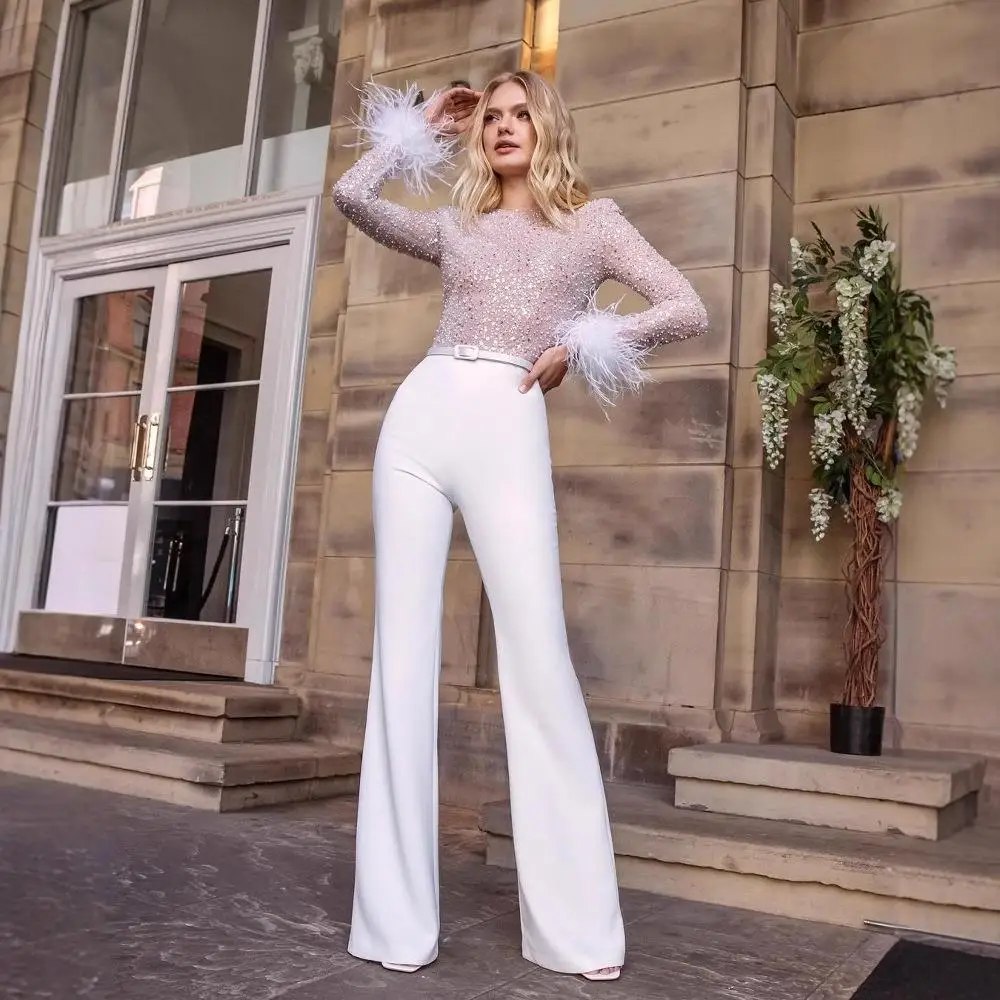 

Женский комбинезон с перьевыми вставками, прямой крой, низкая талия, длинные брюки, полиэстер, весенняя коллекция, повседневная модная одежда