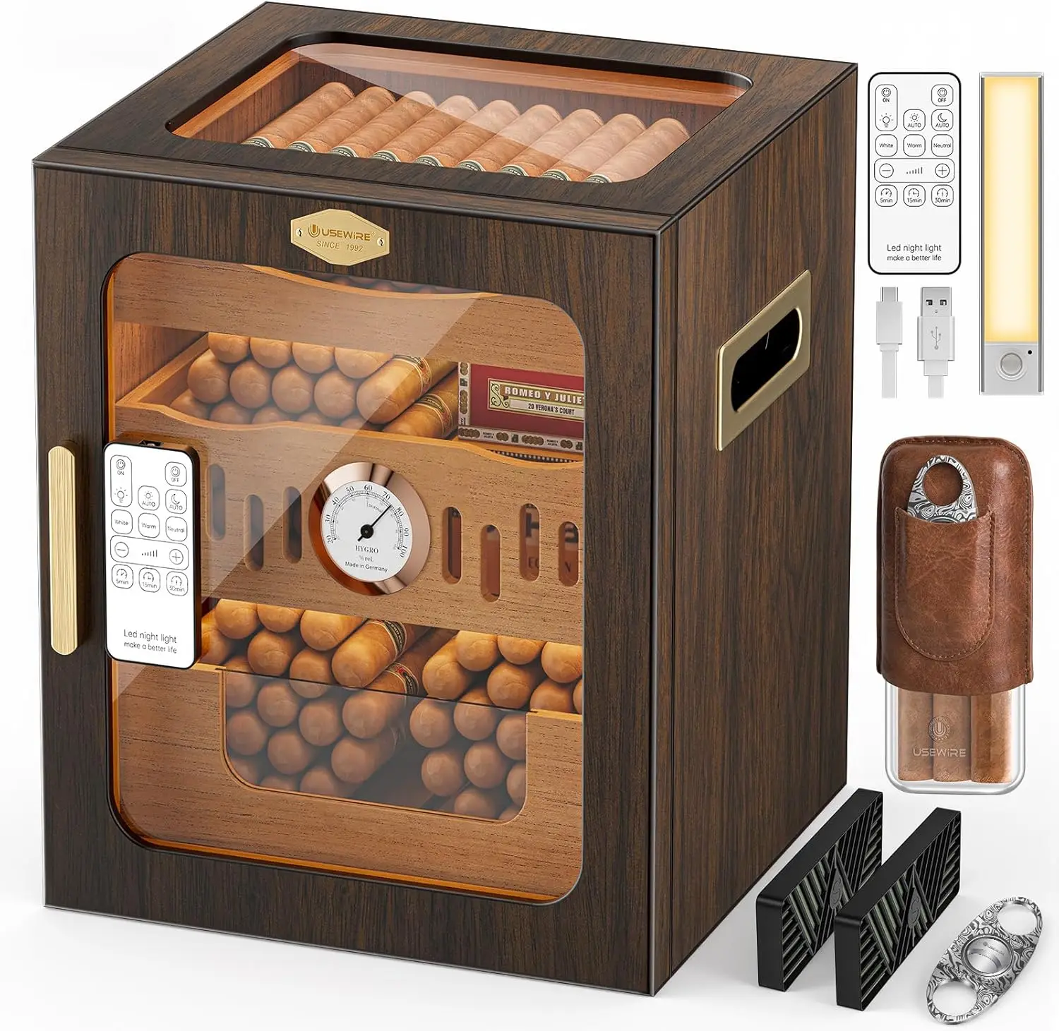 

LED-Lit Cigar Cabinet with Remote Control, Hygrometer, Dual Humidifiers, Holds 80-120 Cigars, Includes Acrylic Case and Cutter
