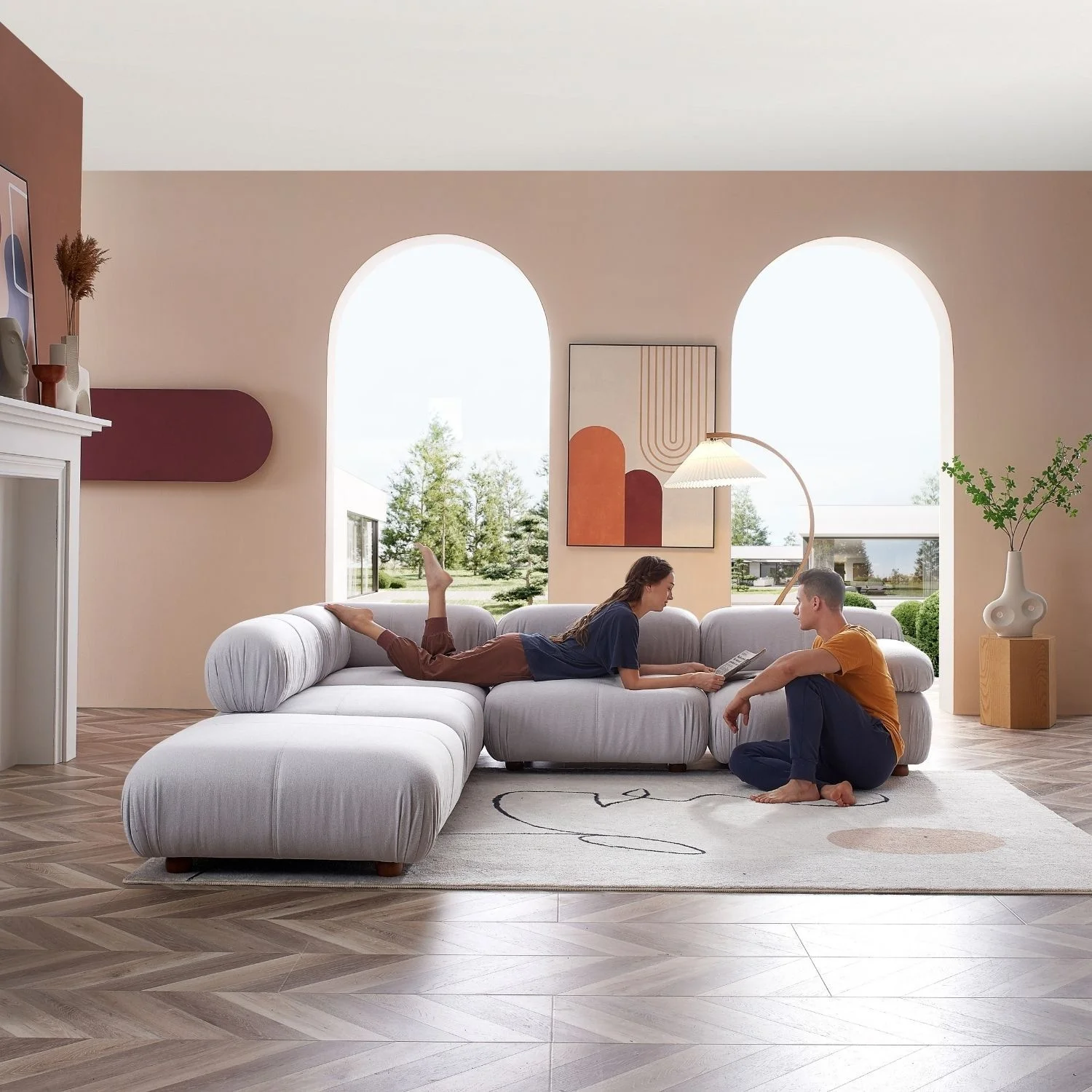 Sectional Modular Living Room 5 Seaters Couch Sofa Teddy Fabric Pebbles 1 Bellini Sofa