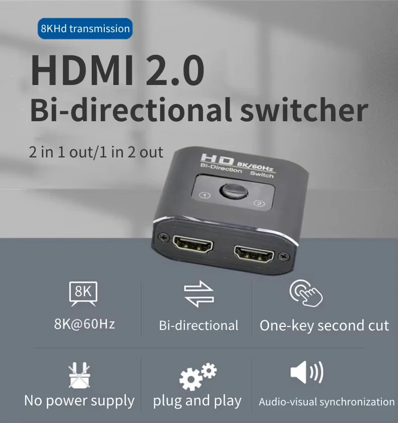 8K 60Hz HDMI Switch 2 Ports 2 In 1 Out Video Bi-Direction Splitter for Laptop PC TV Box to Monitor TV Projector Display Adapter