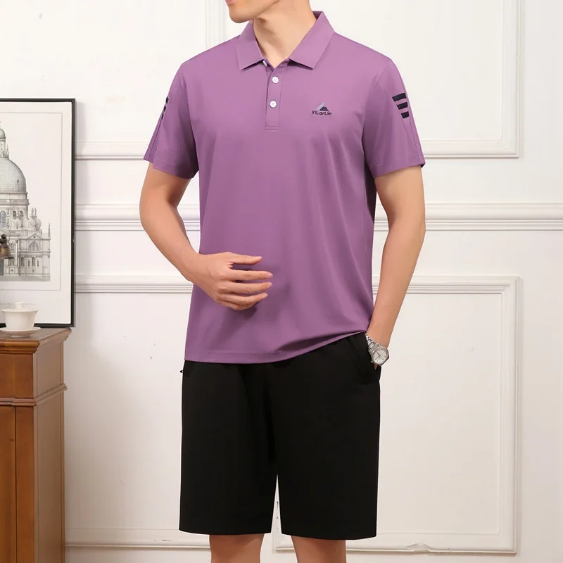 

Новый летний комплект для мужчин 2025: футболка с коротким рукавом и повседневный спортивный костюм из тонких свободных однотонных шорт для мужчин среднего возраста