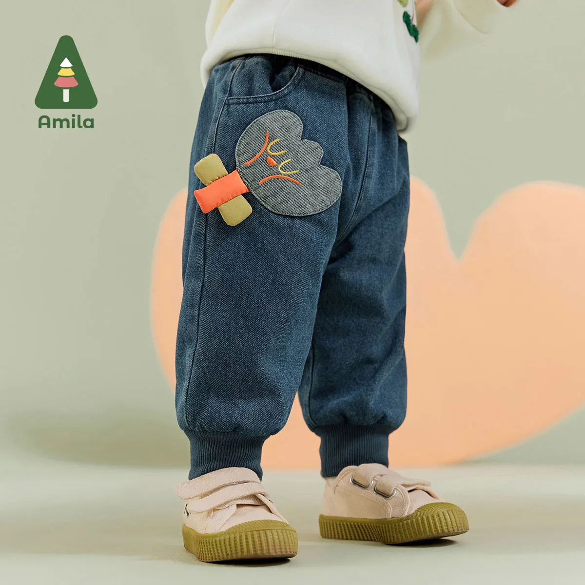 Amila Baby Girl Jeans 2024 Winter New Embroider Denim fabric Warm Fashion Cosy Casual  Baby Clothing