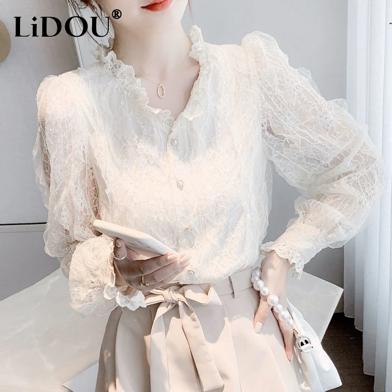 Spring Autumn Women's Elegant Fashion Ruffles Lace Shirt Ladies Long Sleeve Loose Casual All-match Blouse Female Cardigan Top