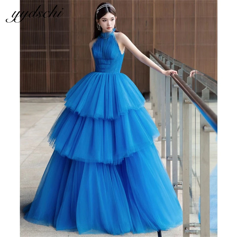 Modern Blue Halter Tulle Tiered Ball Gown Sleeveless New Design Evening Dresses For Women 2024 Prom Dresses Birthday Party Dress