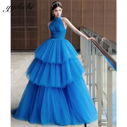 Personalizado moderno azul halter tule em camadas vestido de baile novo design vestidos de noite para as mulheres 2024 vestidos de baile vestido de festa de aniversário