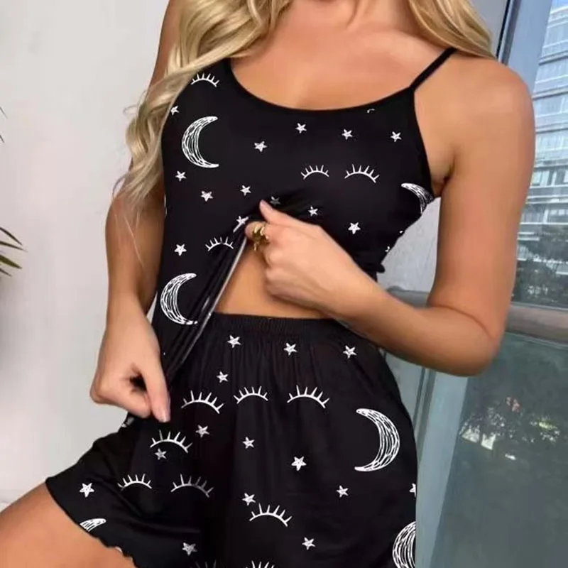 Women Heart-Shaped Moon Print Colour Collision Decoration Pajamas Set Sweet Wind Suspenders Shorts Two Sets of Black Large Size