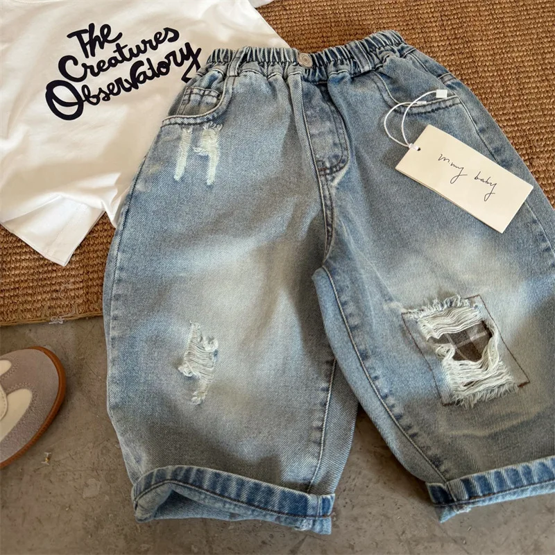 

Детские длинные брюки 2026: Новинка весенней коллекции, однотонные джинсы для мальчиков и девочек, универсальные рваные джинсы для малышей