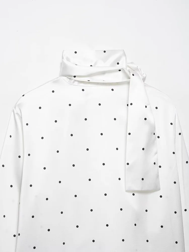 

HH Woman Spring New Casual Long Sleeves Scarf Collar White Polka Dot Satin Shirt Female Temperament Satin Texture Short Blouse