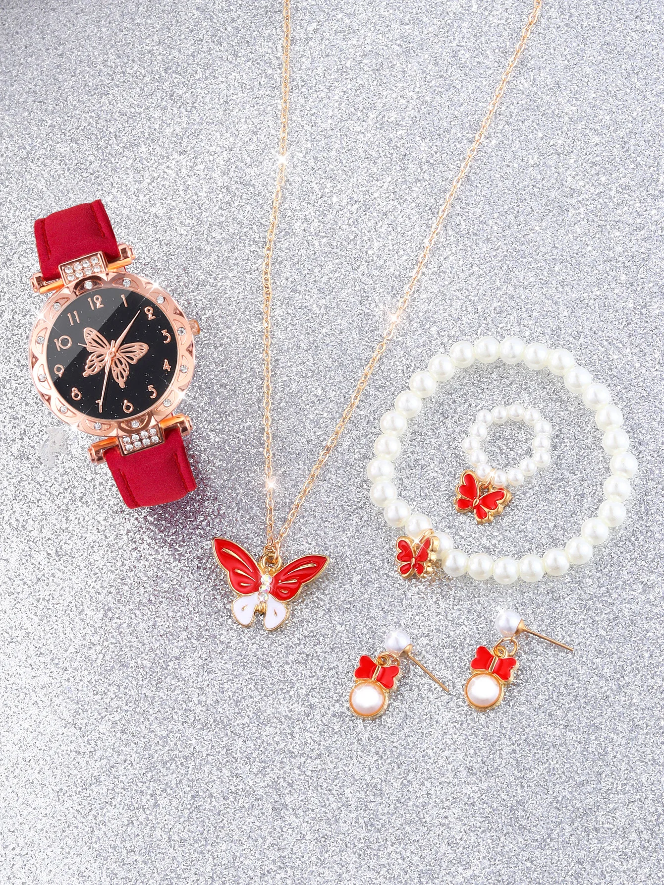 Fashion red lace Large Butterfly ladies quartz watch with beaded butterfly necklace set gift