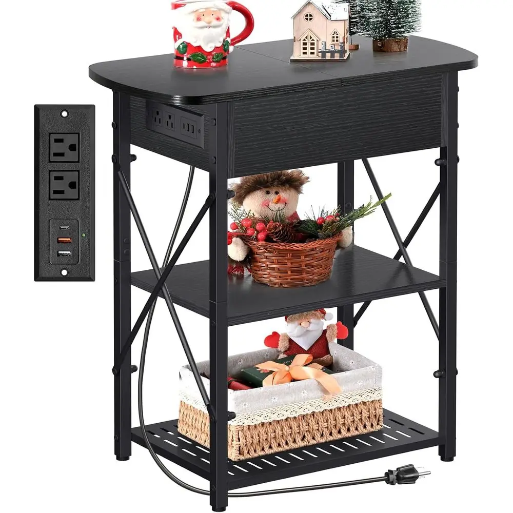 Charging Station End Table, USB & AC Outlet Side Table, Flip Top Storage End Table, Living Room Black Side Tables, Bedroom Drawe