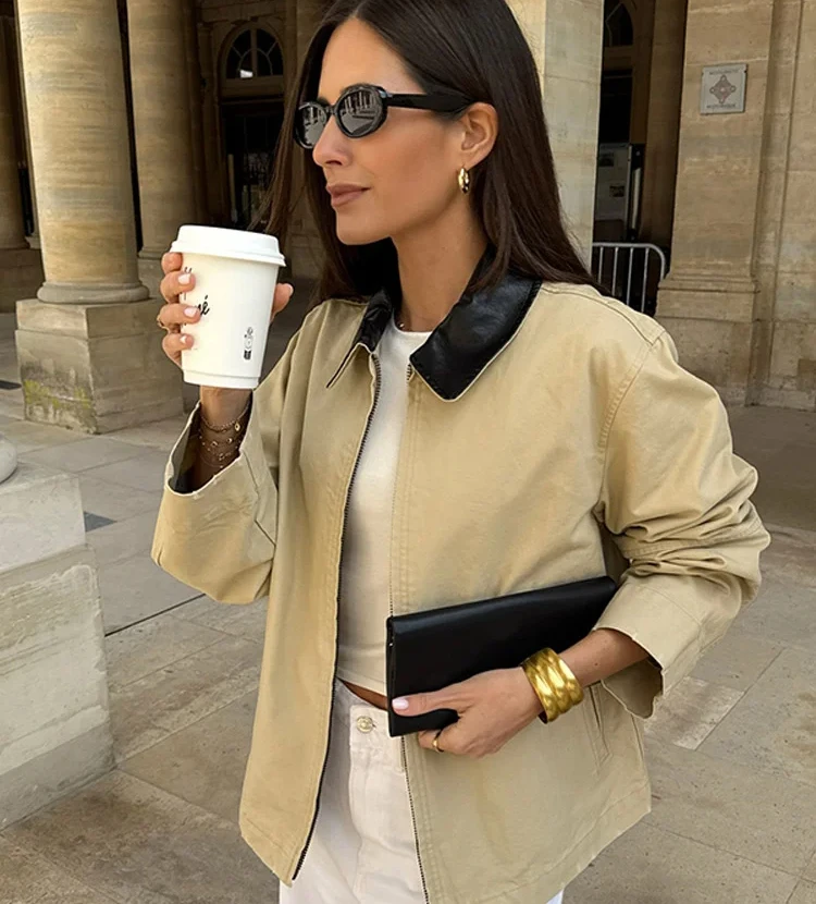 

Casual Patchwork Pockets Short Jackets Women Loose Lapel Long Sleeve Zipper Coat Female Autumn Winter Lady Streetwears New