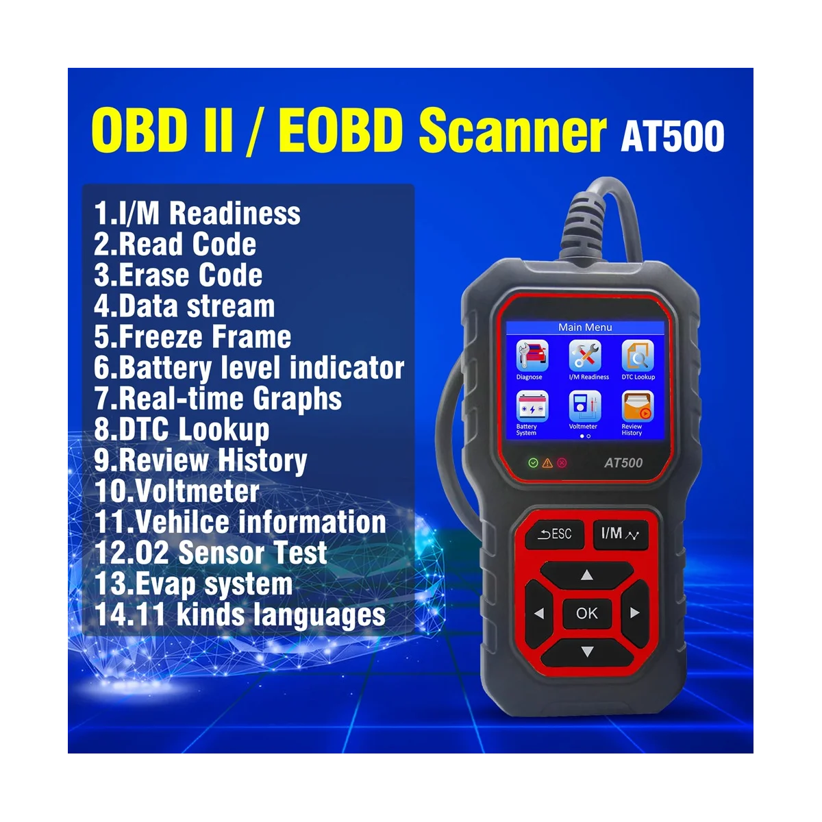 OBD2 Scanner, AT500 OBD2 Scanner Diagnostic Tool Car Engine Fault Code Reader & Erase Check Engine Light Car Scan Tools