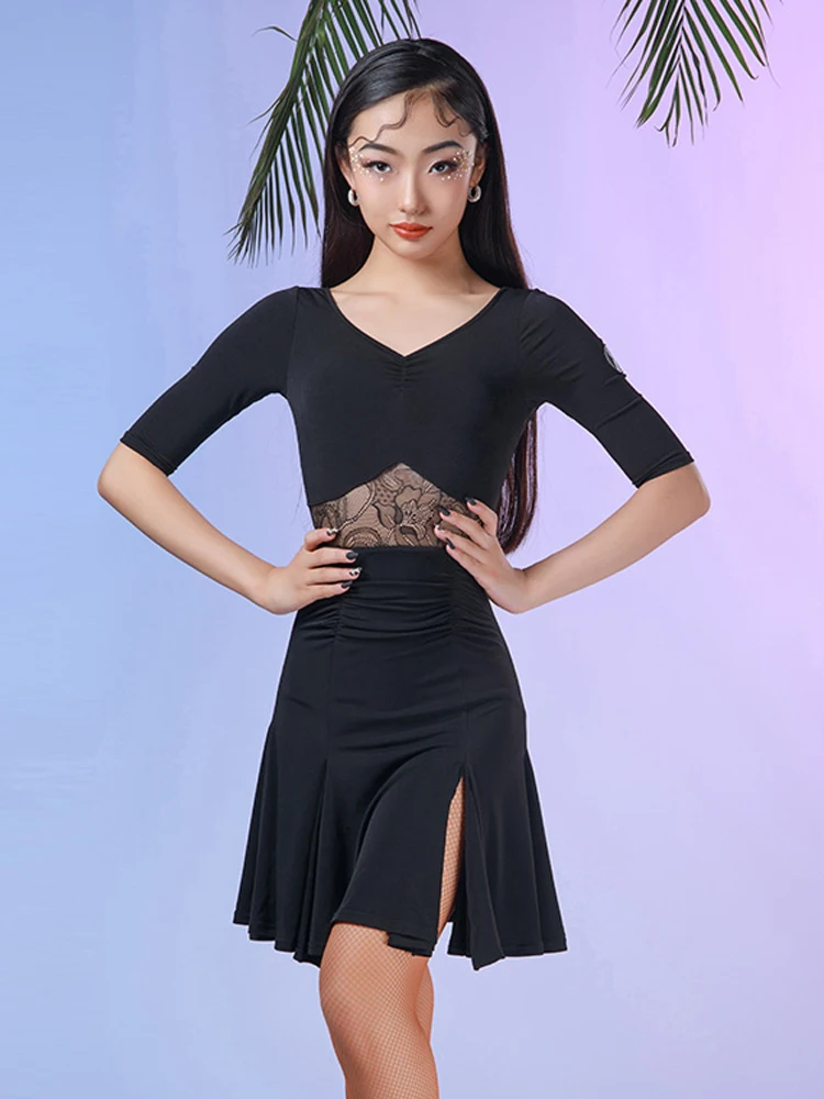 2026 소녀를위한 새로운 라틴 댄스 대회 드레스 반팔 블랙 드레스 삼바 차차 탱고 키즈 라틴 댄스 드레스 DQS21739