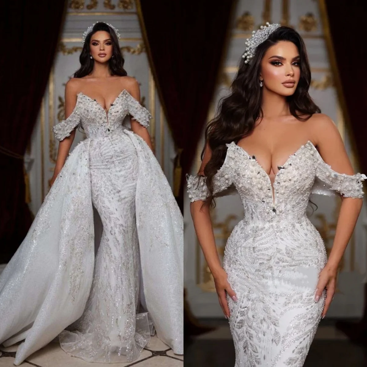 

Luxury Pearls Mermaid Wedding Dresses Crystal Sequins Off Shoulder Bride Dress Detachable Sweep Train Bridal Dress Customized