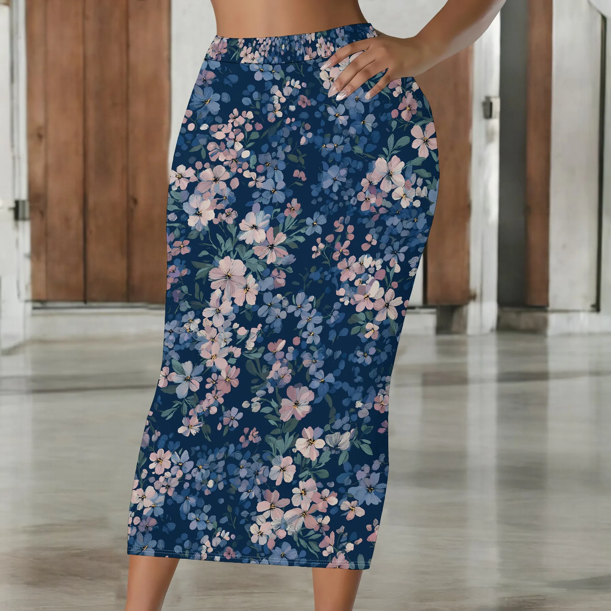 Floral Midi Skirt, Pink Flower Print, Navy Blue Background, High Waist Elastic, Women Summer Casual Wear, S-2XL
