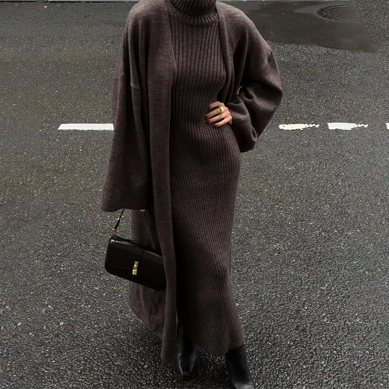 

Fall/Winter 2025 High-necked Slim Fit with Long Skirt Cardigan Long Coat Women's Sweater Set