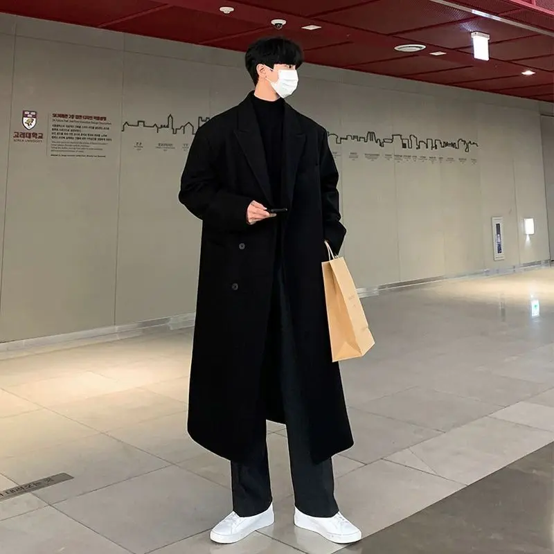 Winter Men's Woolen Coat Medium Length over Knee Non Cashmere Coat Loose Shoulder Drop Korean Style Casual Fashion Outerwear