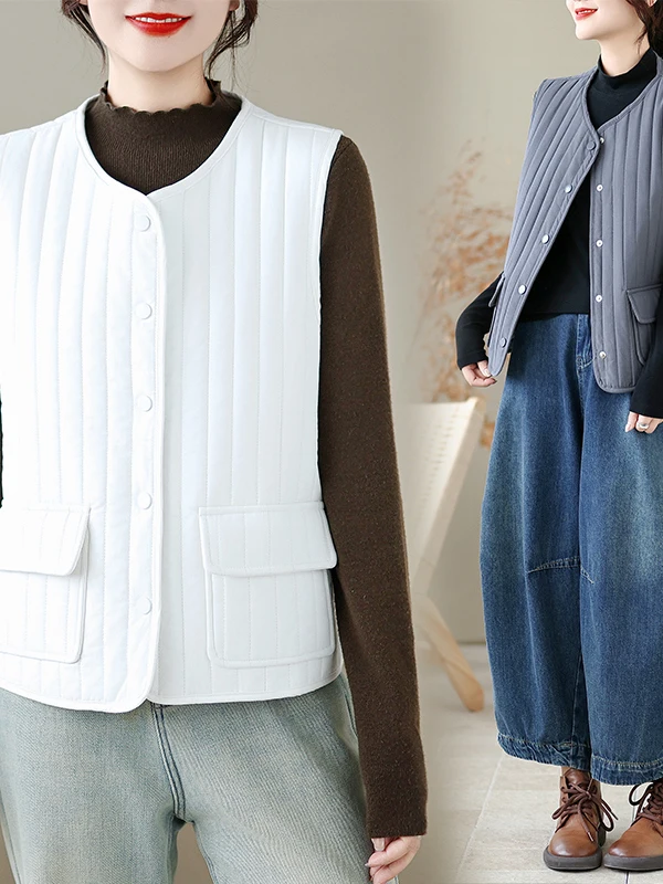 

Korean Japanese Brand Women's plus Size Faionable Svel Tank Top with Single Button Vertical Stripes All-Match Outerwear