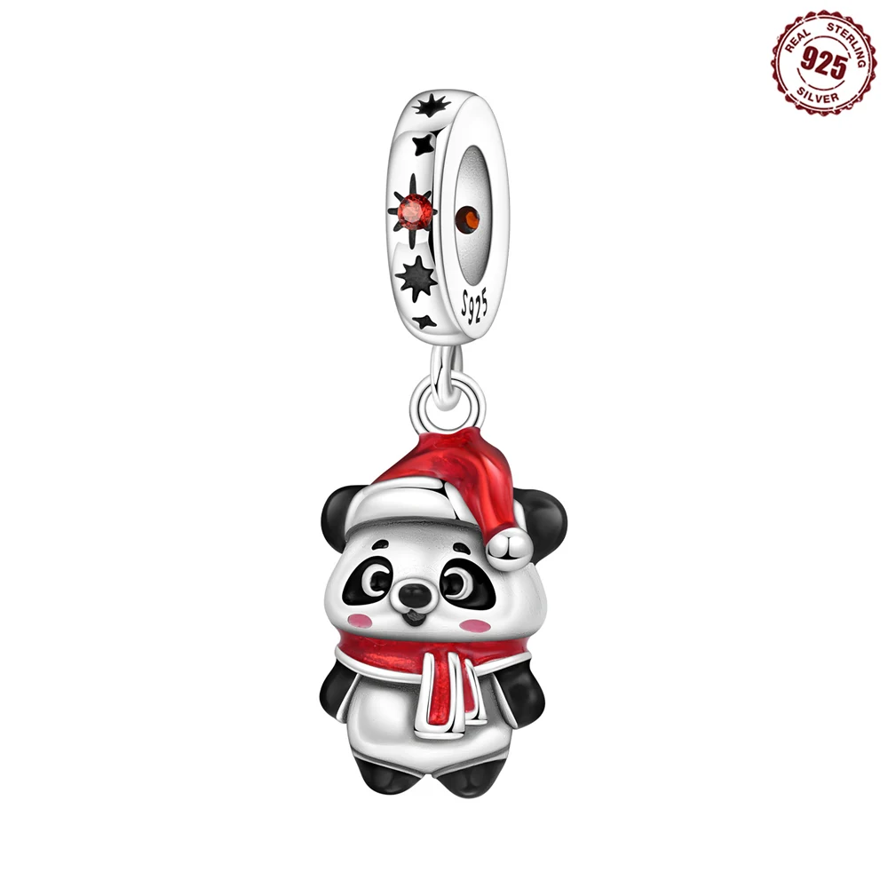 S925 Sterling Silver Christmas Panda Dangle Charm Xmas Hat Scarf Panda Animal Bead Fit Bracelet Peace & Friendly Blessing Gift