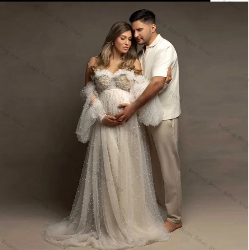 

Женское платье для выпускного вечера с белым жемчугом, сексуальное тюлевое платье с длинными рукавами, халаты для беременных, вечернее платье, одежда для сна, юбка по индивидуальному заказу