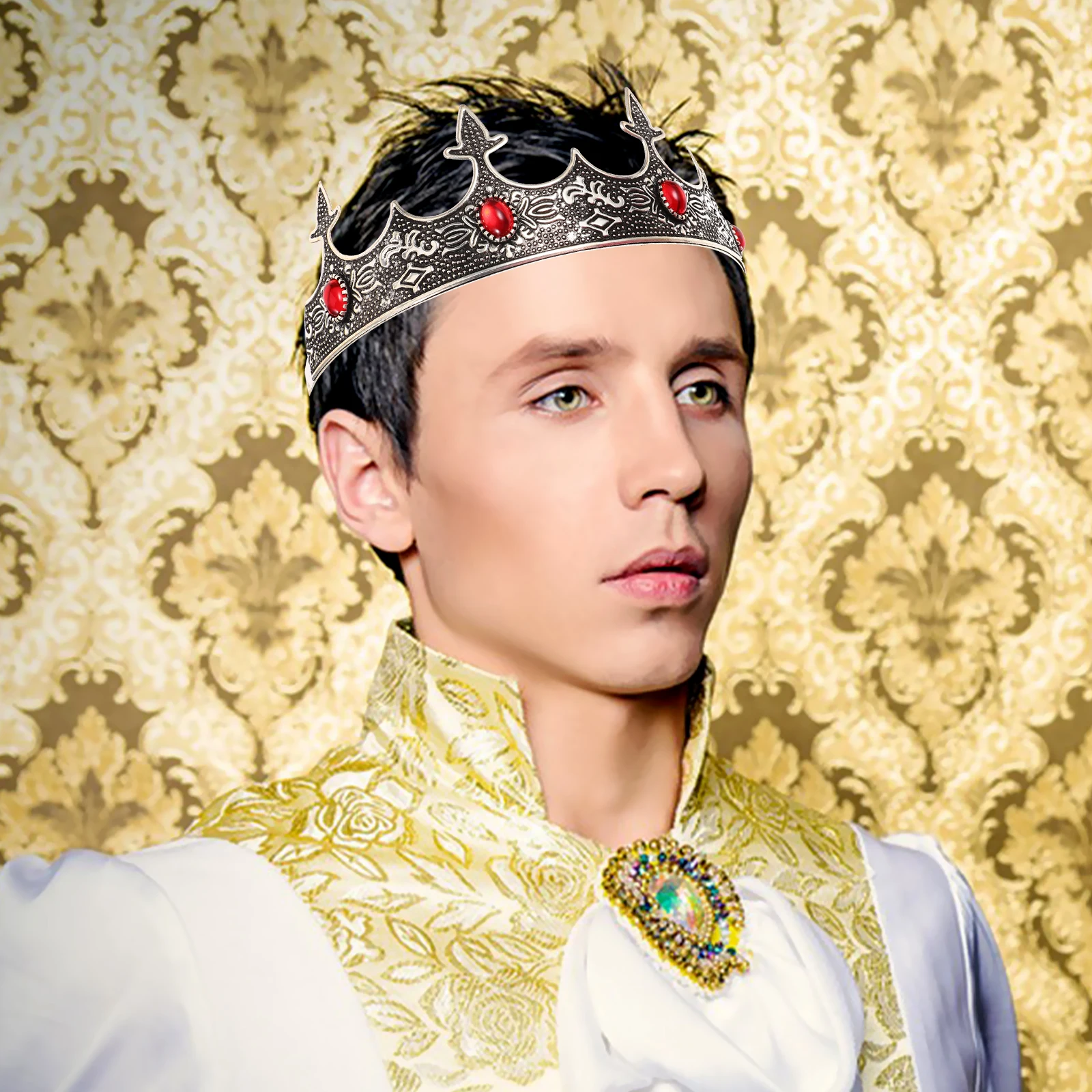 ヴィンテージ宮殿男性用キングクラウンラインストーン装飾パーティーヘッドピースコスプレクラウン男性的な大人のコスチュームアクセサリー