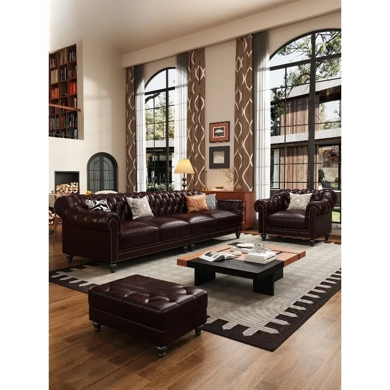 Leather sofa first layer cowhide small apartment living room household brown straight corner leather sofa